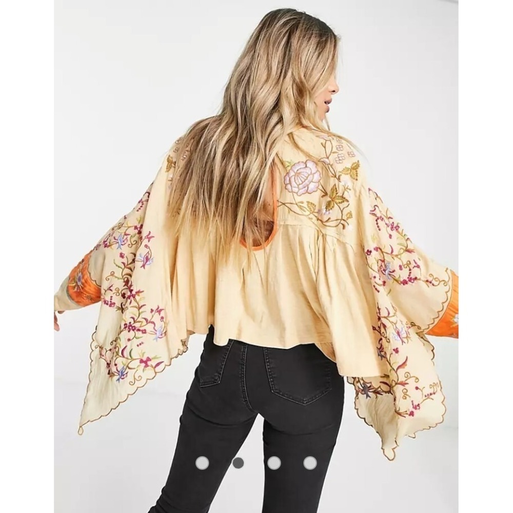 Free People Waiting On A Sunny Day Top Embroidered Birds Oversized XS Boho Gypsy - Picture 8 of 13